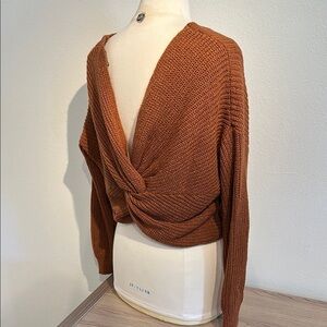 Brown hue Off-the-Shoulder open back chunk knit Sweater with Ribbed Texture